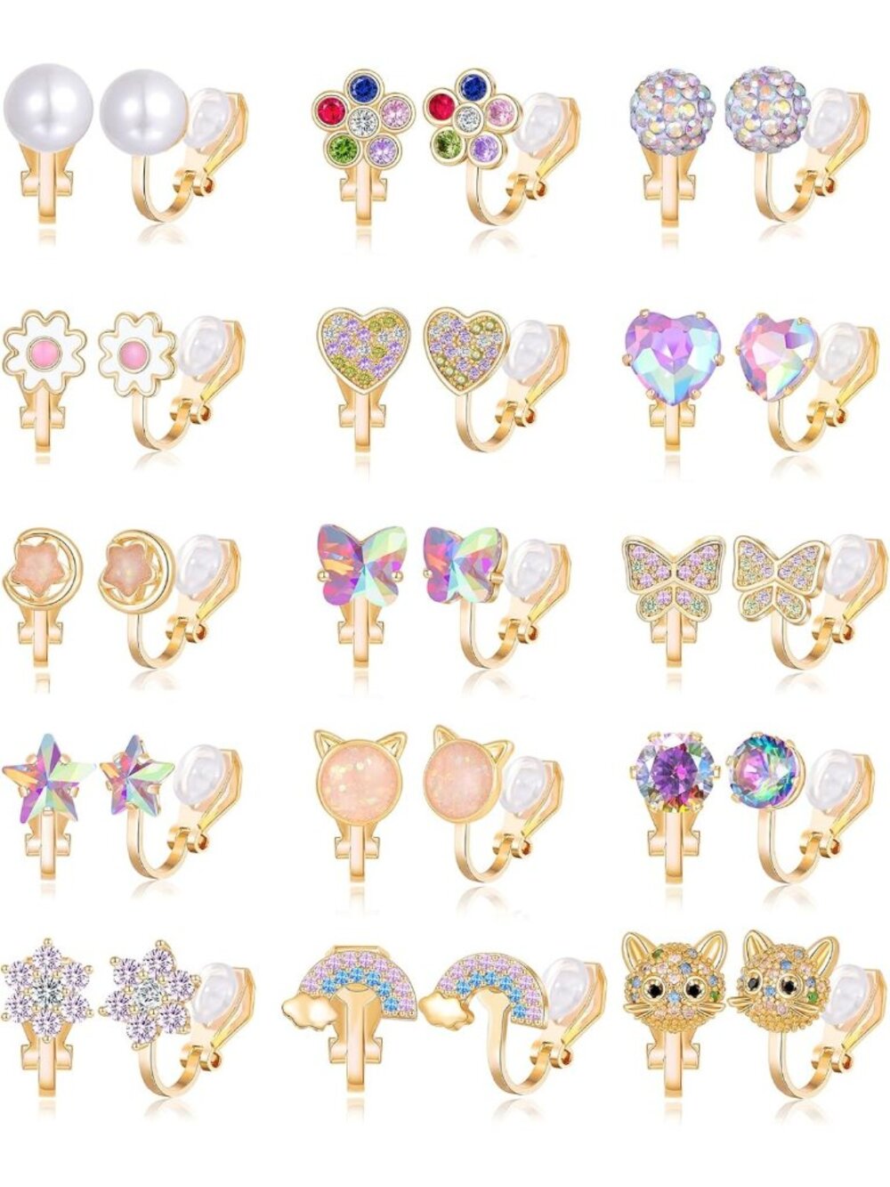 Stylish Clip-On Stud Earrings Set - 10-15 Pairs, Teardrop, CZ, Pearl, Flower